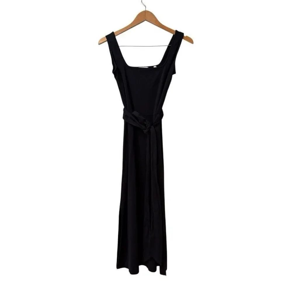Vince Belted Square Neck Midi Dress Size Small Black Tie Waist Minimalist
